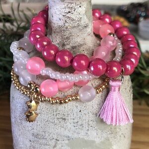 Pink and Gold Beaded Stacking Stretch Bracelet Set